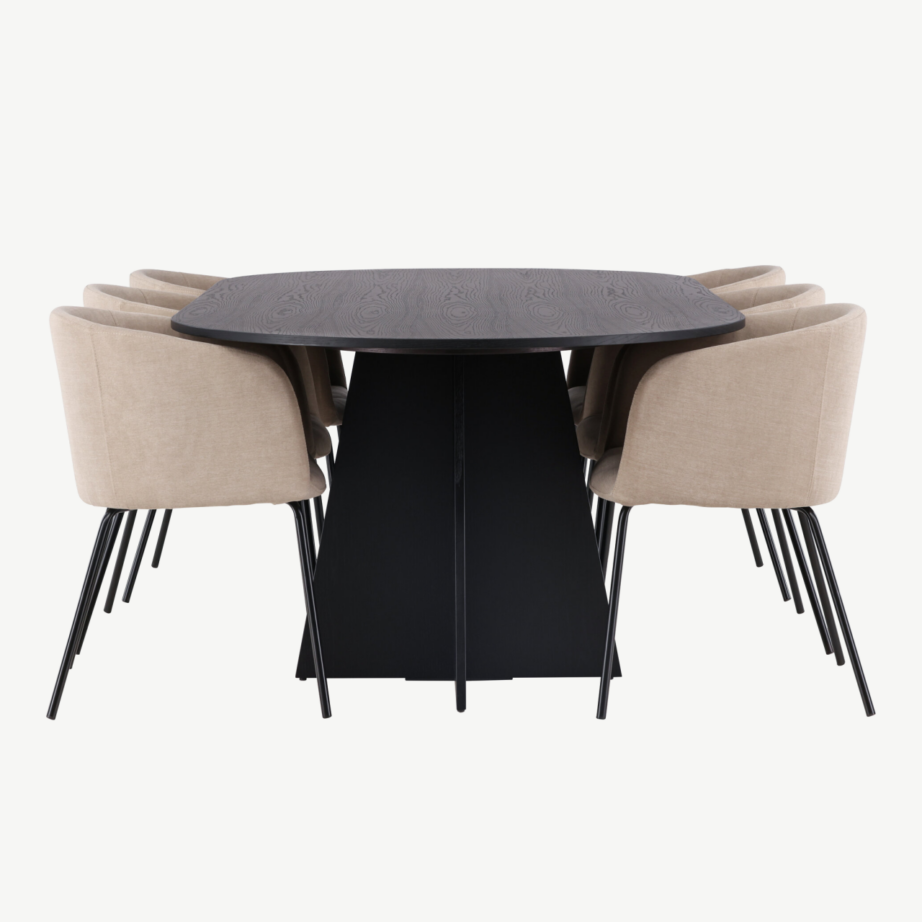Ovaalne söögilaud Bootcut ja 6 beeži kangaga söögitooli Berit (must MDF, 230×115 cm), GR22855 – 2