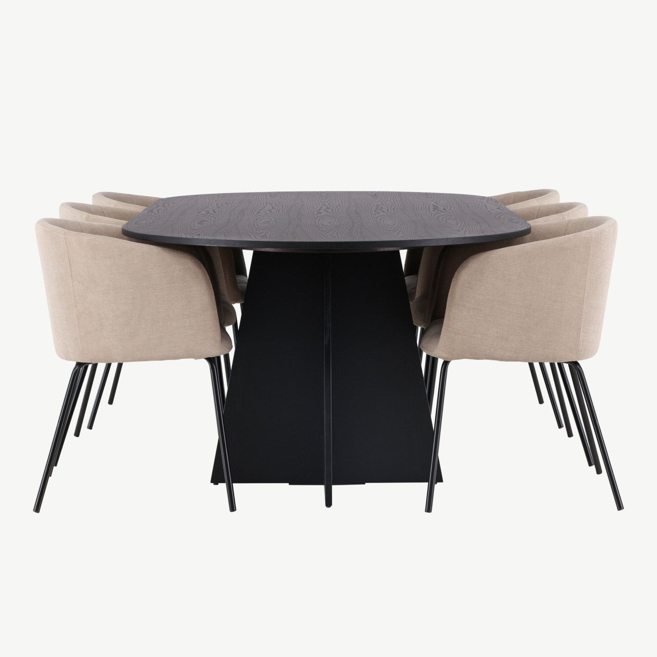 Ovaalne söögilaud Bootcut ja 6 beeži kangaga söögitooli Berit (must MDF, 230x115 cm) - GR22855