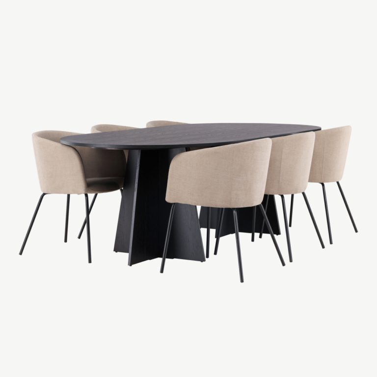Ovaalne söögilaud Bootcut ja 6 beeži kangaga söögitooli Berit (must MDF, 230x115 cm) - GR22855