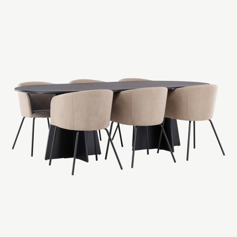 Ovaalne söögilaud Bootcut ja 6 beeži kangaga söögitooli Berit (must MDF, 230x115 cm) - GR22855