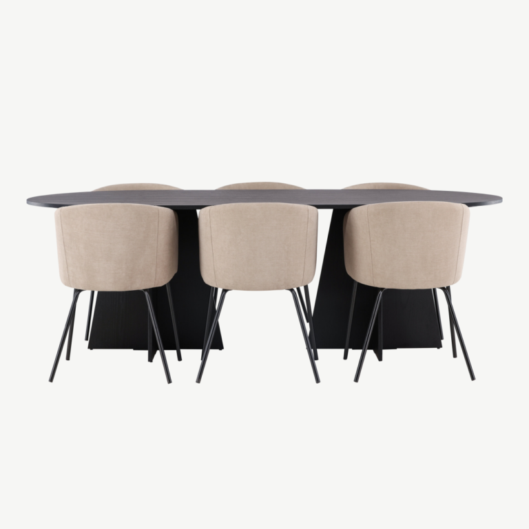 Ovaalne söögilaud Bootcut ja 6 beeži kangaga söögitooli Berit (must MDF, 230x115 cm) - GR22855