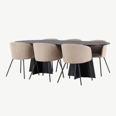 Ovaalne söögilaud Bootcut ja 6 beeži kangaga söögitooli Berit (must MDF, 230x115 cm) - GR22855