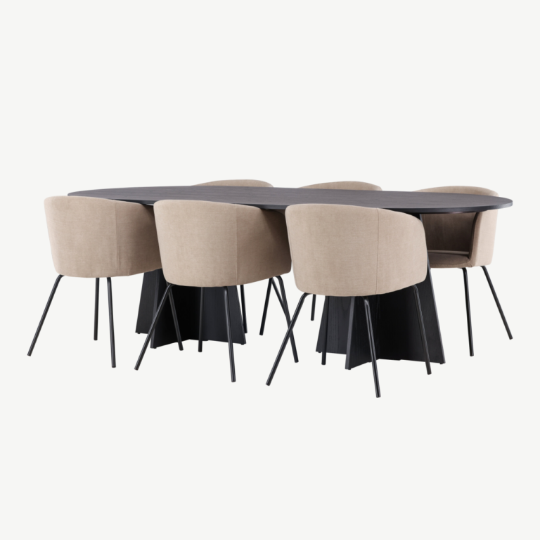 Ovaalne söögilaud Bootcut ja 6 beeži kangaga söögitooli Berit (must MDF, 230x115 cm) - GR22855
