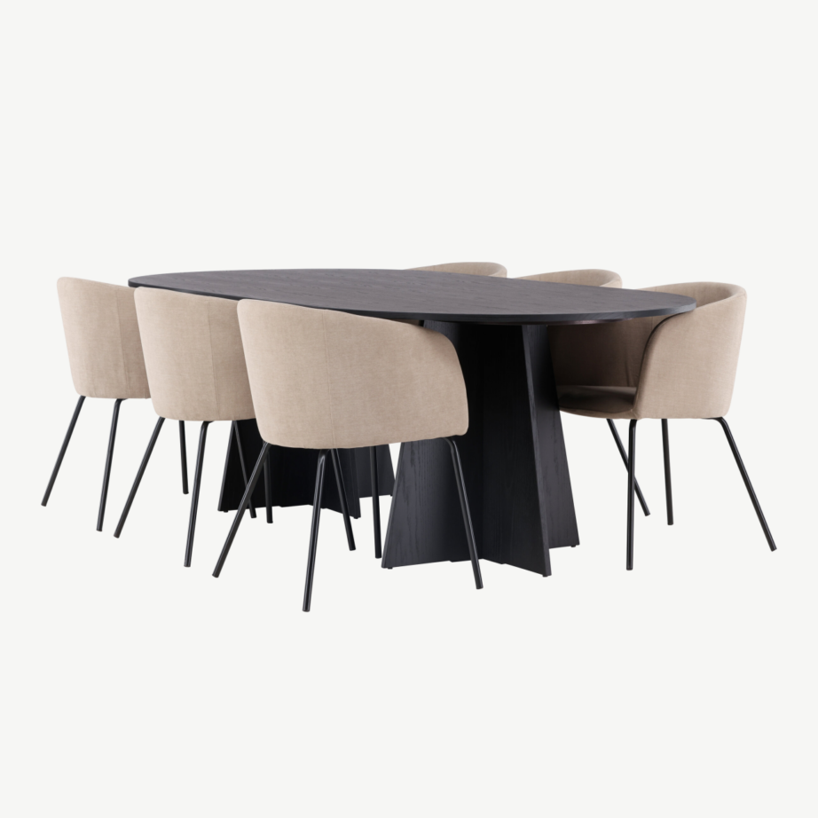 Ovaalne söögilaud Bootcut ja 6 beeži kangaga söögitooli Berit (must MDF, 230×115 cm), GR22855 – 6