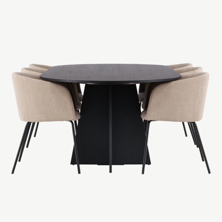 Ovaalne söögilaud Bootcut ja 6 beeži kangaga söögitooli Berit (must MDF, 230x115 cm) - GR22855