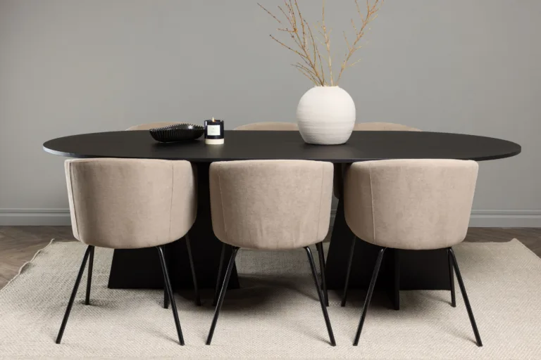 Ovaalne söögilaud Bootcut ja 6 beeži kangaga söögitooli Berit (must MDF, 230x115 cm) - GR22855