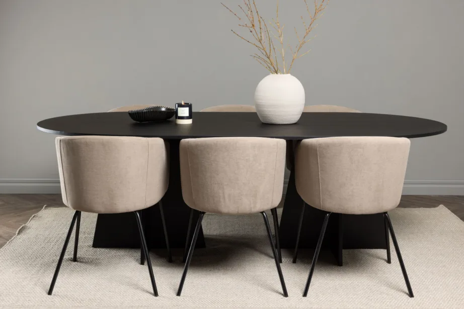 Ovaalne söögilaud Bootcut ja 6 beeži kangaga söögitooli Berit (must MDF, 230×115 cm), GR22855 – 8