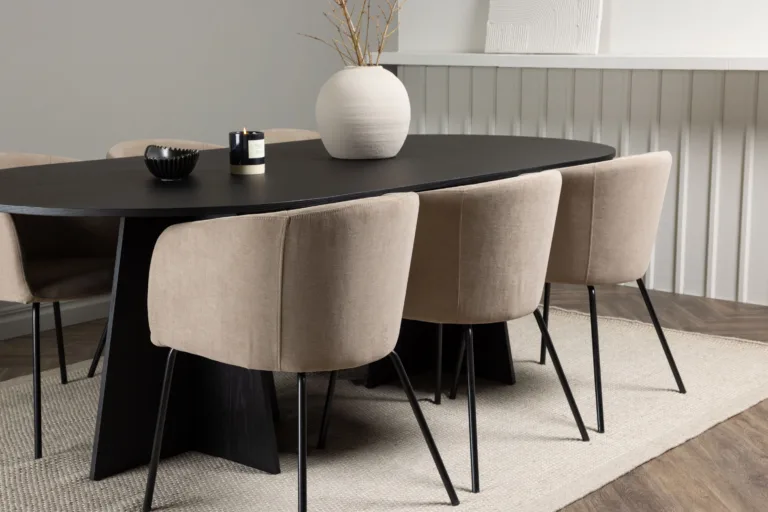 Ovaalne söögilaud Bootcut ja 6 beeži kangaga söögitooli Berit (must MDF, 230x115 cm) - GR22855