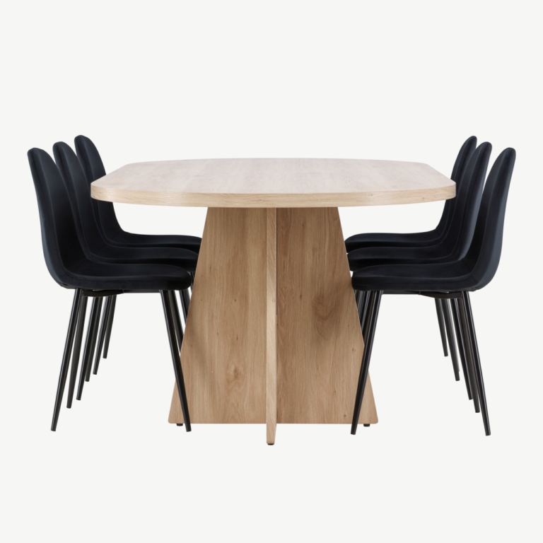 Ovaalne söögilaud Bootcut ja 6 musta sametist Polar tooli (looduslik MDF, 230x115 cm) - GR24560