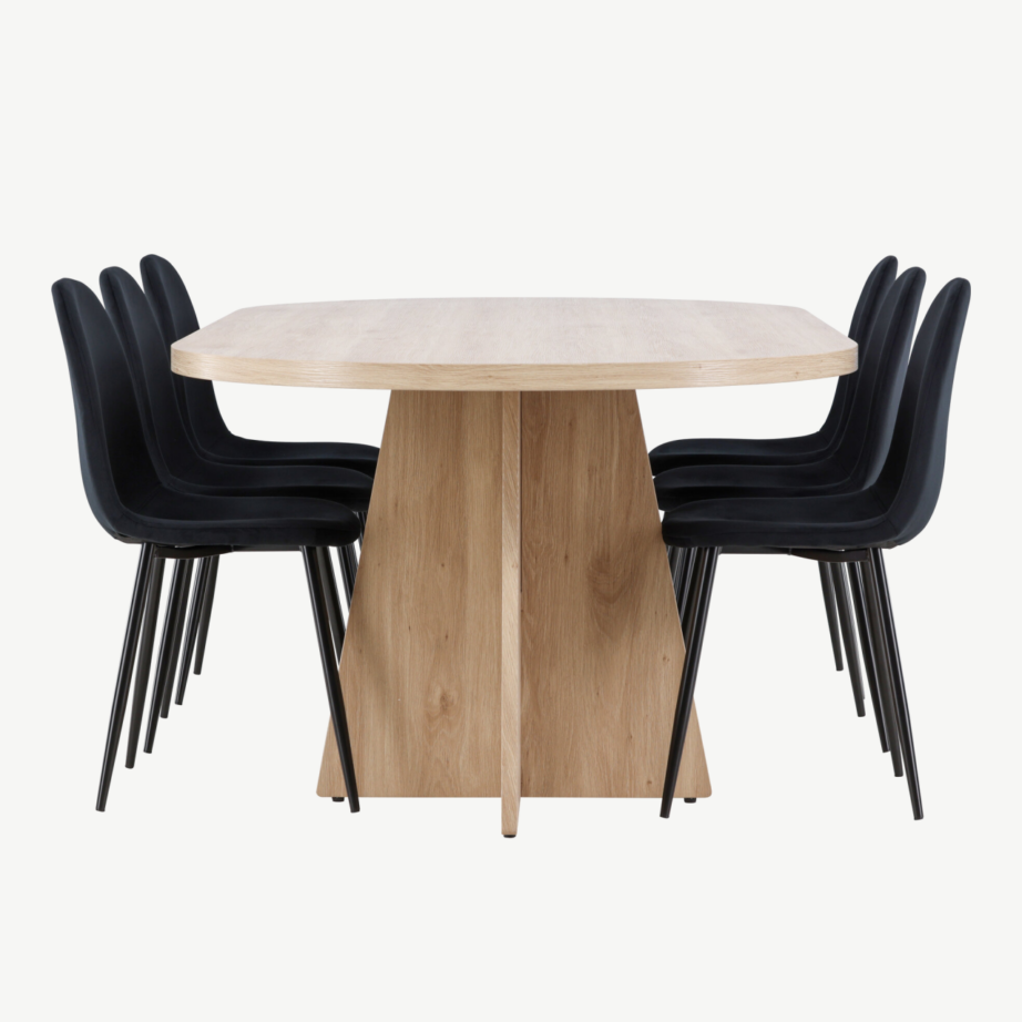 Ovaalne söögilaud Bootcut ja 6 musta sametist Polar tooli (looduslik MDF, 230×115 cm), GR24560 – 2