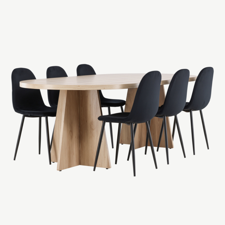Ovaalne söögilaud Bootcut ja 6 musta sametist Polar tooli (looduslik MDF, 230x115 cm) - GR24560