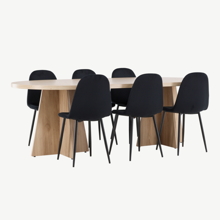 Ovaalne söögilaud Bootcut ja 6 musta sametist Polar tooli (looduslik MDF, 230x115 cm) - GR24560