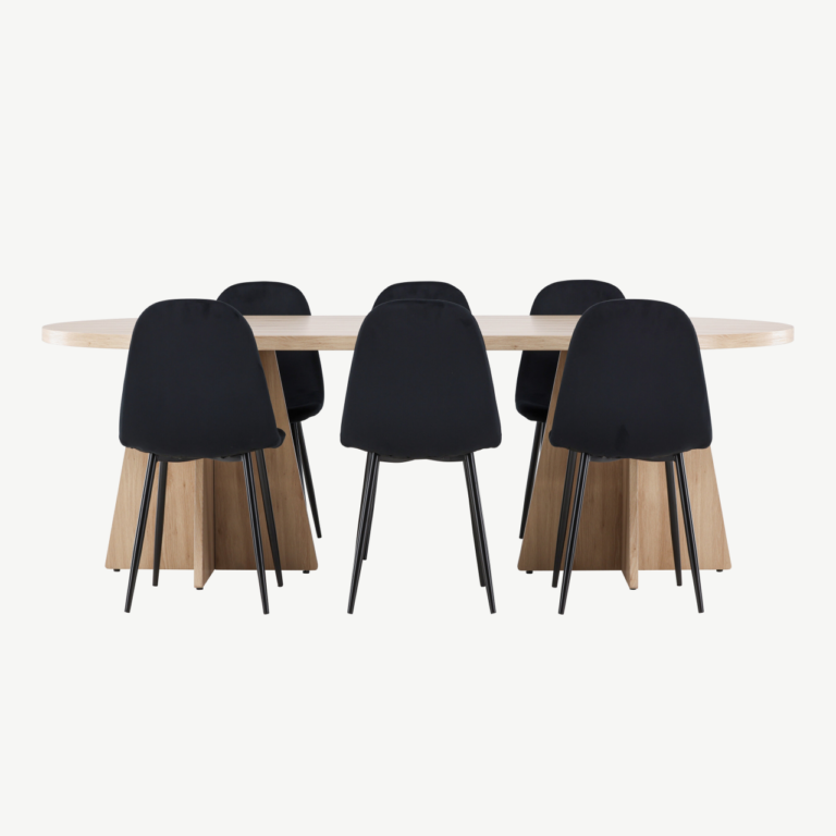 Ovaalne söögilaud Bootcut ja 6 musta sametist Polar tooli (looduslik MDF, 230x115 cm) - GR24560