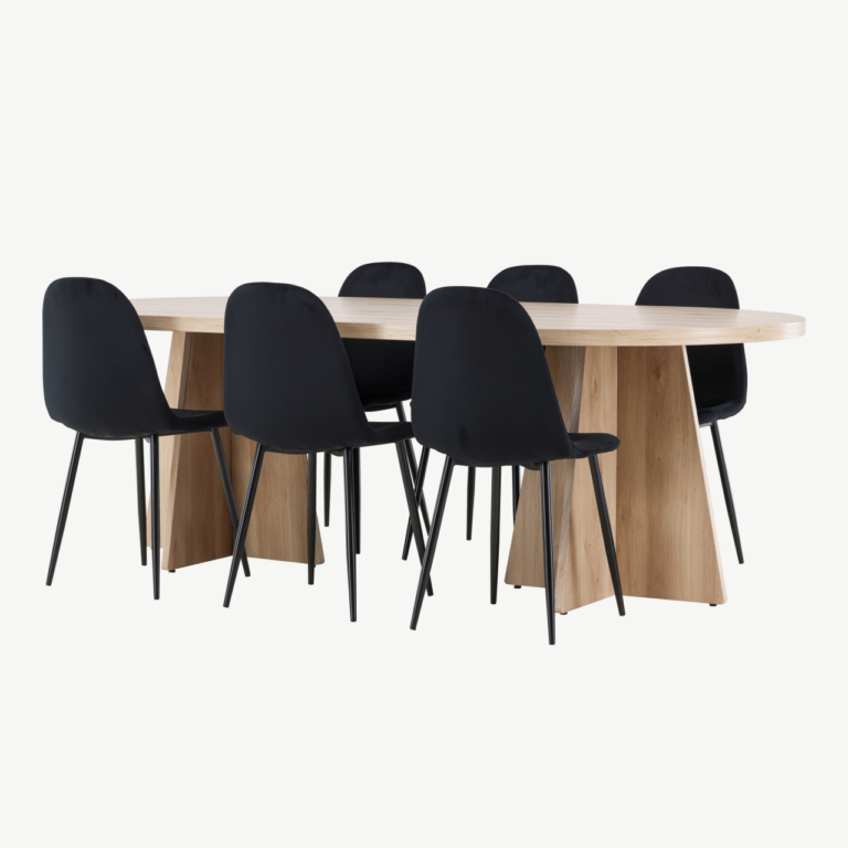 Ovaalne söögilaud Bootcut ja 6 musta sametist Polar tooli (looduslik MDF, 230x115 cm) - GR24560