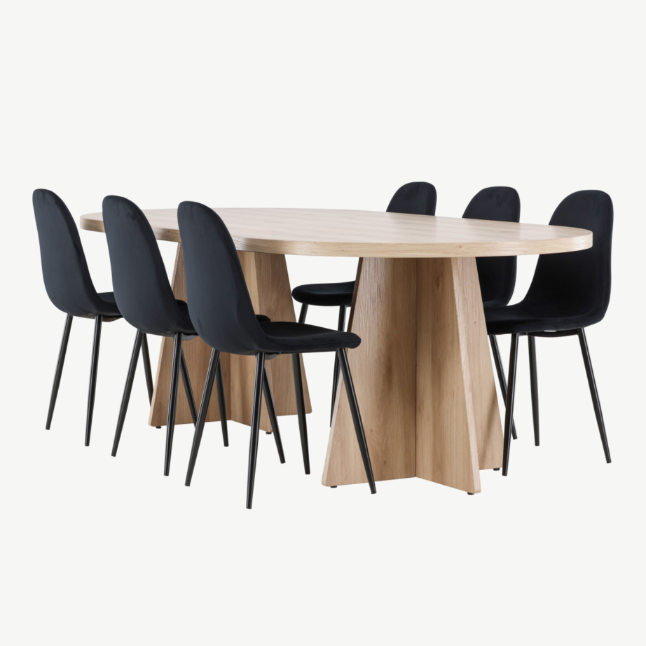 Ovaalne söögilaud Bootcut ja 6 musta sametist Polar tooli (looduslik MDF, 230×115 cm), GR24560 – 6