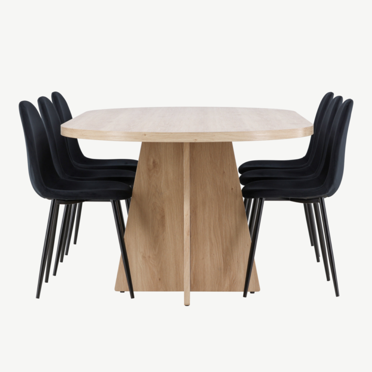 Ovaalne söögilaud Bootcut ja 6 musta sametist Polar tooli (looduslik MDF, 230x115 cm) - GR24560