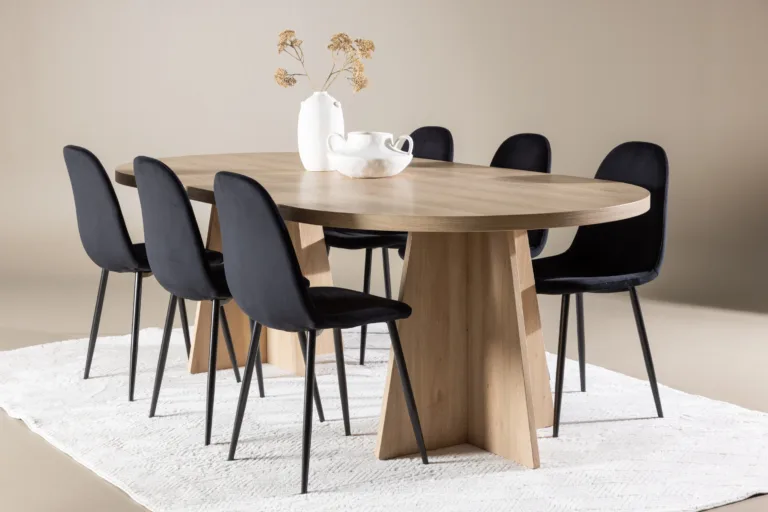 Ovaalne söögilaud Bootcut ja 6 musta sametist Polar tooli (looduslik MDF, 230x115 cm) - GR24560