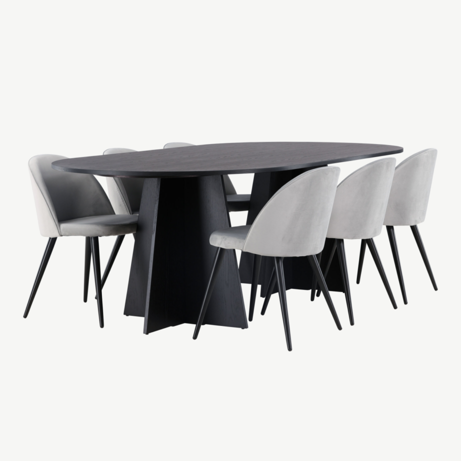 Ovaalne söögilaud Bootcut ja hallid Velvet toolid (6 istekohta, must MDF, hall samet, moodne disain), GR22860 – 3