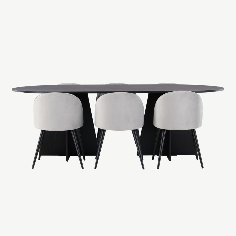 Ovaalne söögilaud Bootcut ja hallid Velvet toolid (6 istekohta, must MDF, hall samet, moodne disain), GR22860 – 5