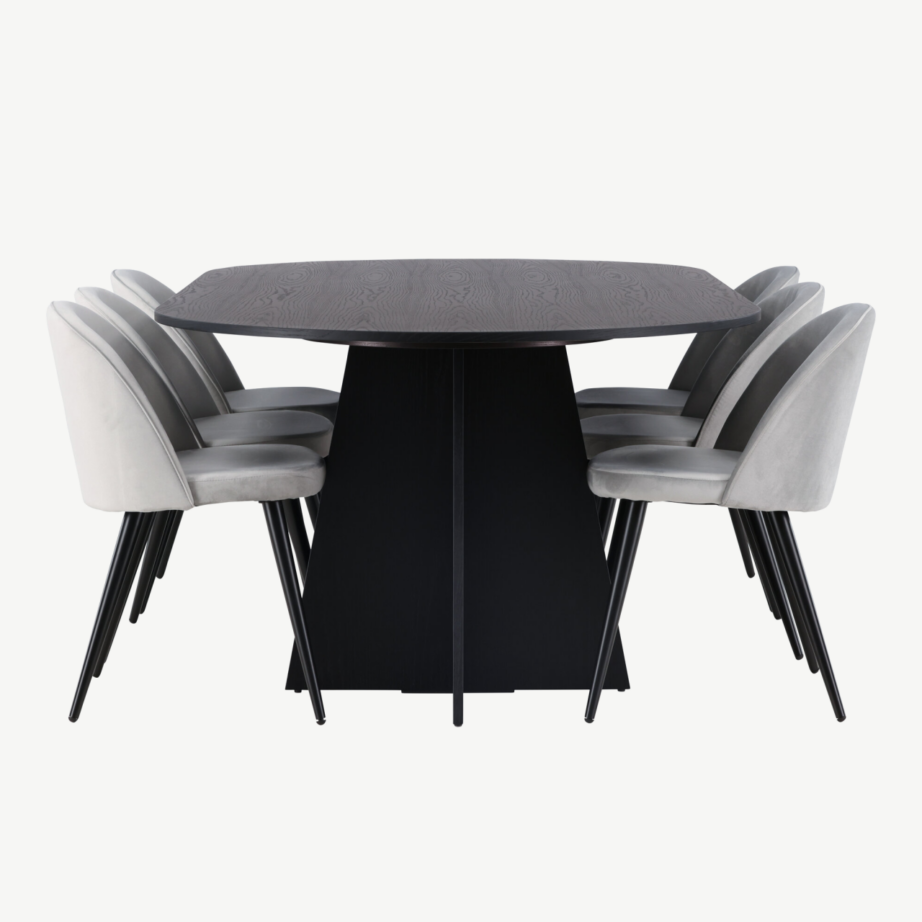 Ovaalne söögilaud Bootcut ja hallid Velvet toolid (6 istekohta, must MDF, hall samet, moodne disain), GR22860 – 7