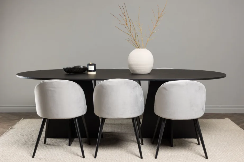 Ovaalne söögilaud Bootcut ja hallid Velvet toolid (6 istekohta, must MDF, hall samet, moodne disain), GR22860 – 9