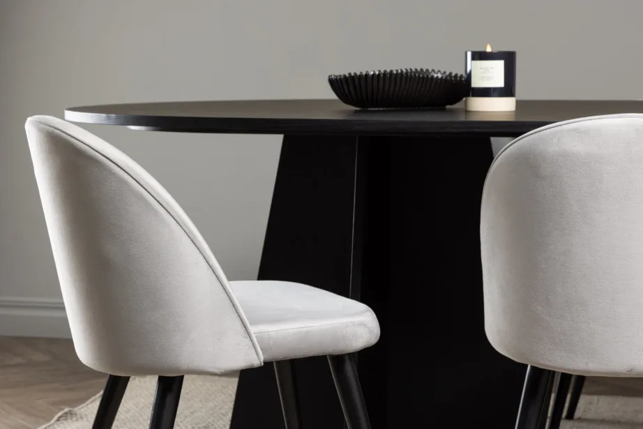 Ovaalne söögilaud Bootcut ja hallid Velvet toolid (6 istekohta, must MDF, hall samet, moodne disain), GR22860 – 10