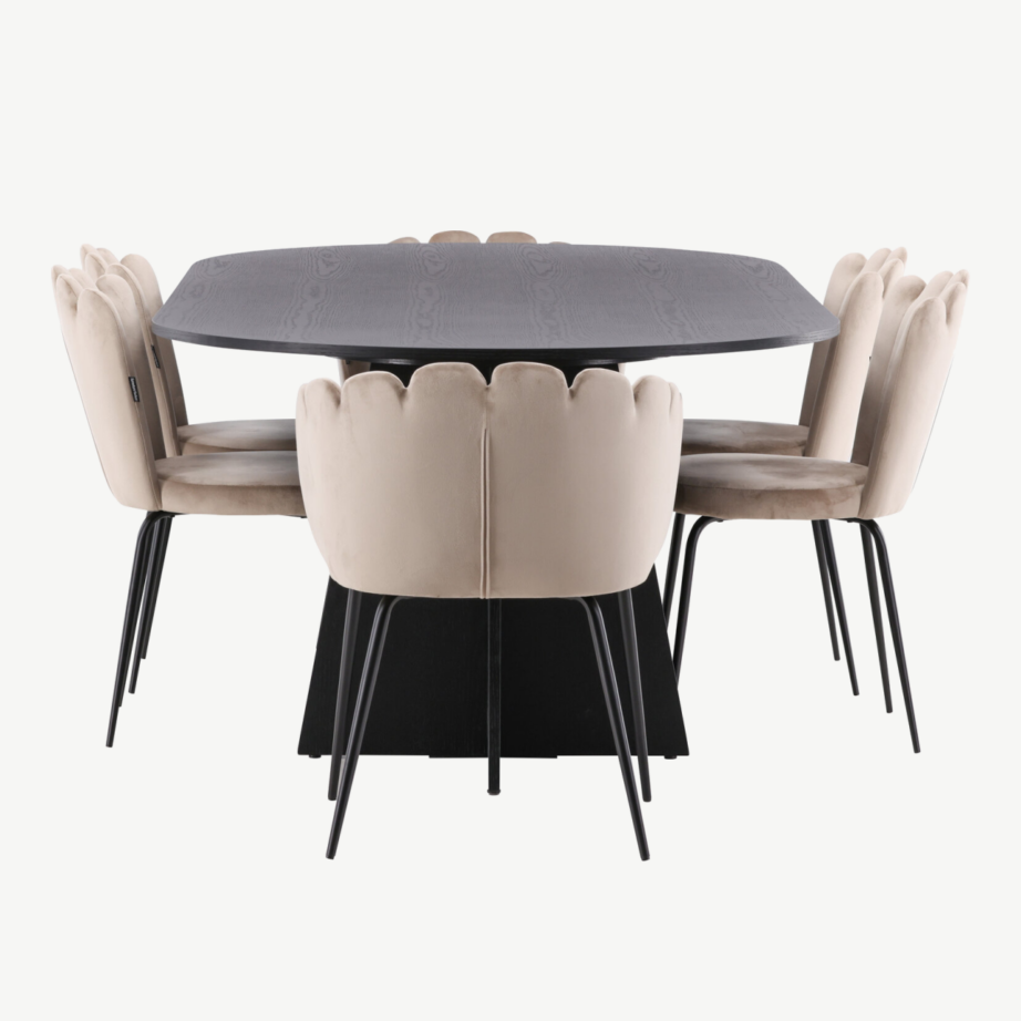 Ovaalne söögilaud Bootcut (must MDF, 230×115 cm) koos Limhamn beežide velvettoolidega, GR22958 – 2