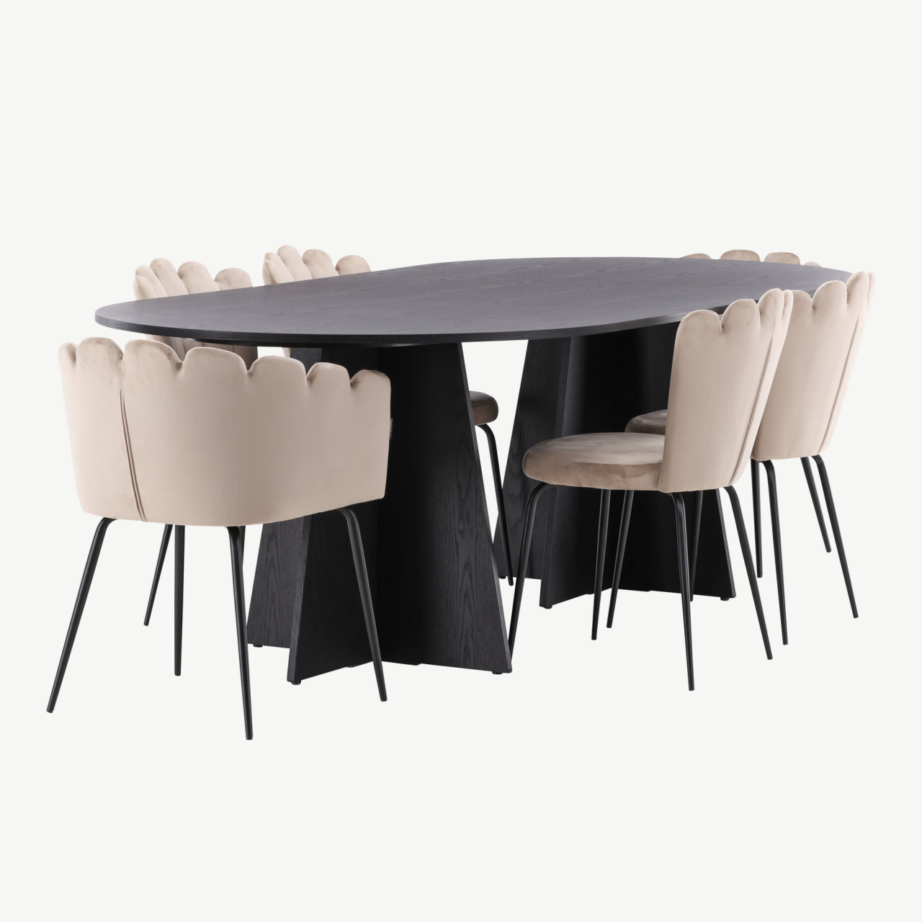 Ovaalne söögilaud Bootcut (must MDF, 230×115 cm) koos Limhamn beežide velvettoolidega, GR22958 – 3