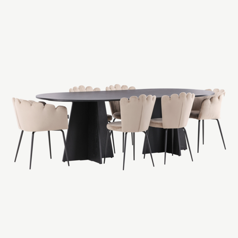 Ovaalne söögilaud Bootcut (must MDF, 230x115 cm) koos Limhamn beežide velvettoolidega - GR22958