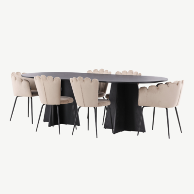Ovaalne söögilaud Bootcut (must MDF, 230x115 cm) koos Limhamn beežide velvettoolidega - GR22958