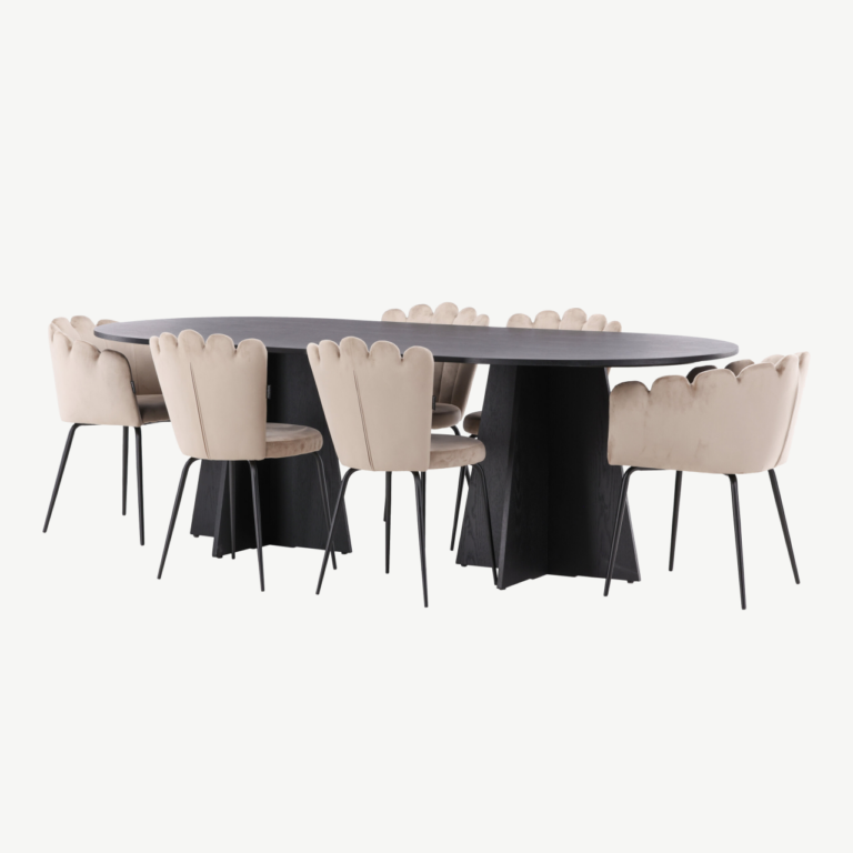 Ovaalne söögilaud Bootcut (must MDF, 230x115 cm) koos Limhamn beežide velvettoolidega - GR22958