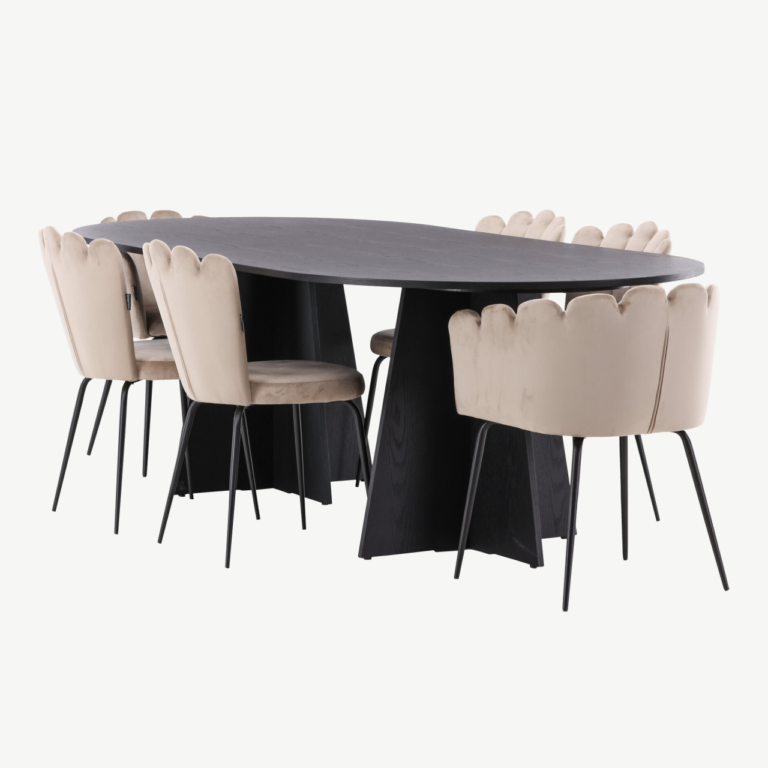 Ovaalne söögilaud Bootcut (must MDF, 230x115 cm) koos Limhamn beežide velvettoolidega - GR22958