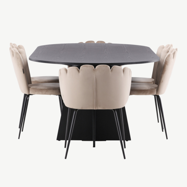 Ovaalne söögilaud Bootcut (must MDF, 230x115 cm) koos Limhamn beežide velvettoolidega - GR22958