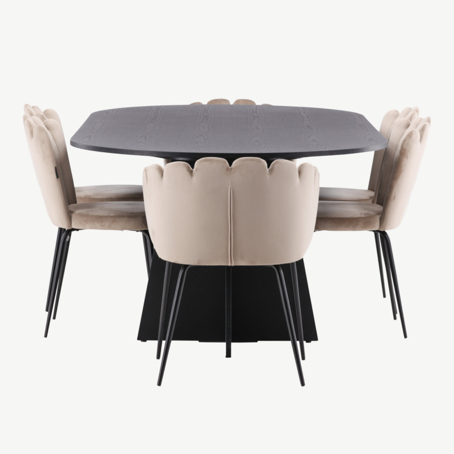 Ovaalne söögilaud Bootcut (must MDF, 230×115 cm) koos Limhamn beežide velvettoolidega, GR22958 – 7