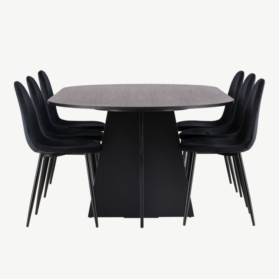 Ovaalne söögilaud Bootcut musta spooniga ja Polar sametist söögitoolid, GR22858 – 2