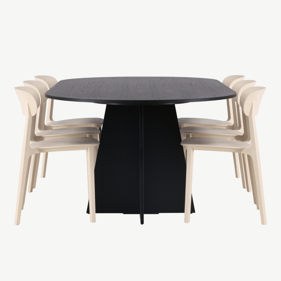 Ovaalne söögilaud Bootcut musta viimistlusega ja Åstol beežid toolid (230×115 cm), GR23287 – 2