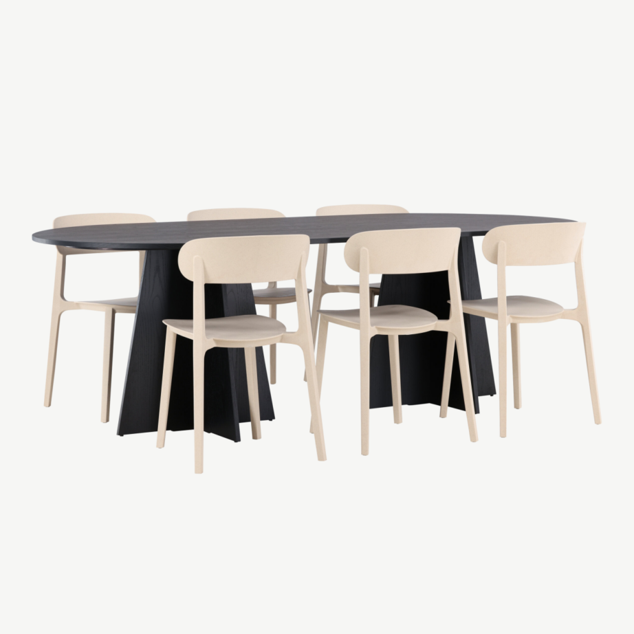 Ovaalne söögilaud Bootcut musta viimistlusega ja Åstol beežid toolid (230×115 cm), GR23287 – 4