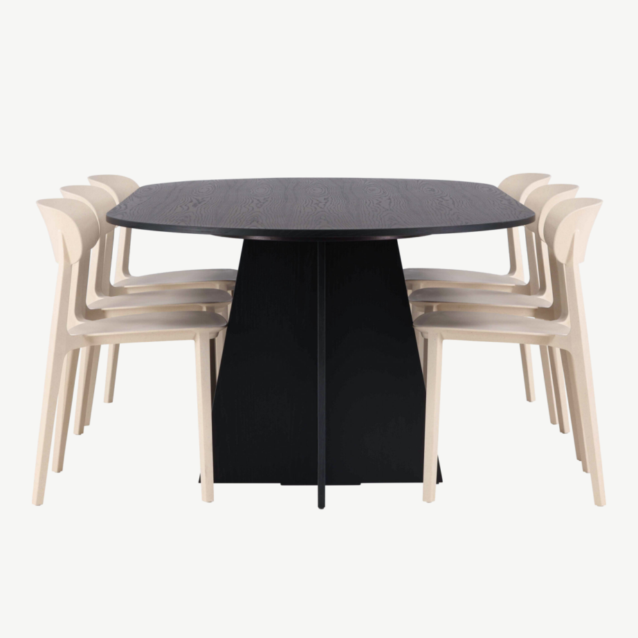 Ovaalne söögilaud Bootcut musta viimistlusega ja Åstol beežid toolid (230×115 cm), GR23287 – 7