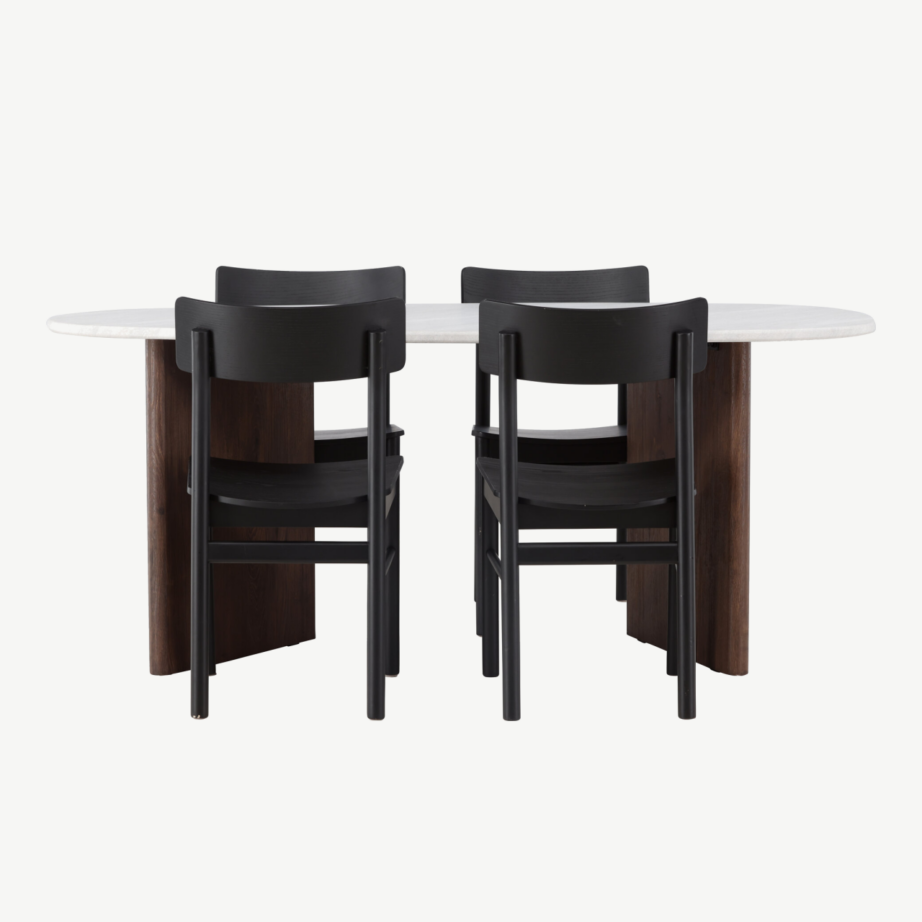 Ovaalne söögilaud Grönvik (helehall/mokka) ja neli musta Montros tooli, GR23494 – 2