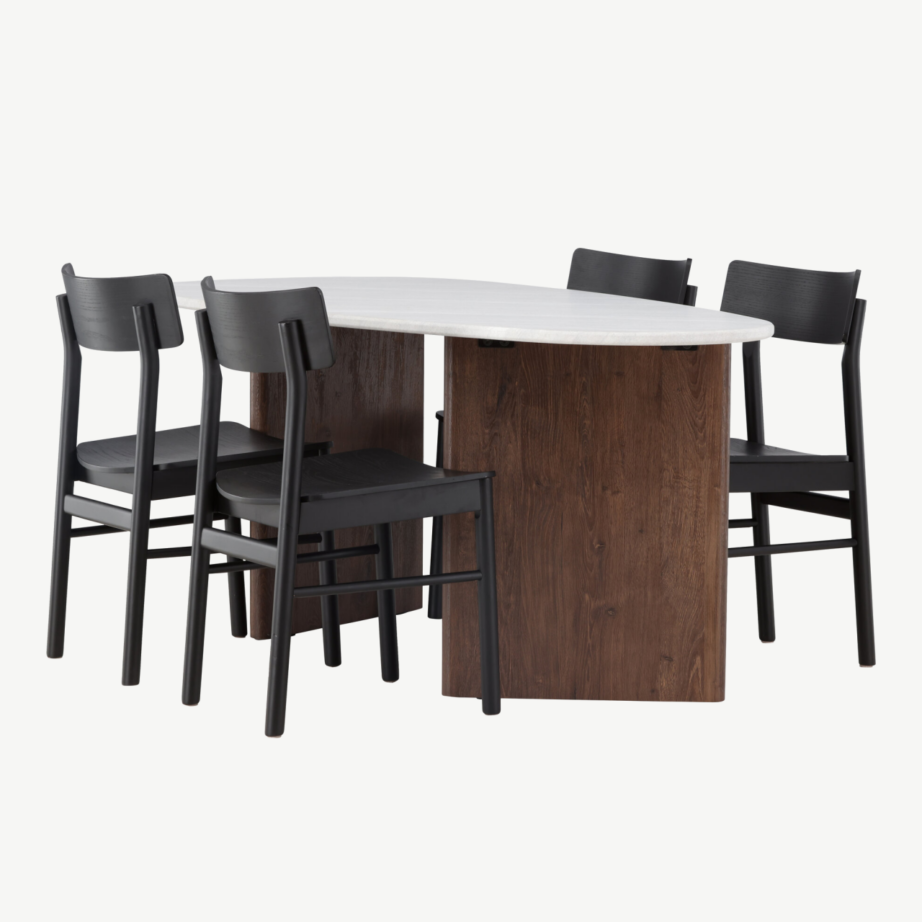 Ovaalne söögilaud Grönvik (helehall/mokka) ja neli musta Montros tooli, GR23494 – 4