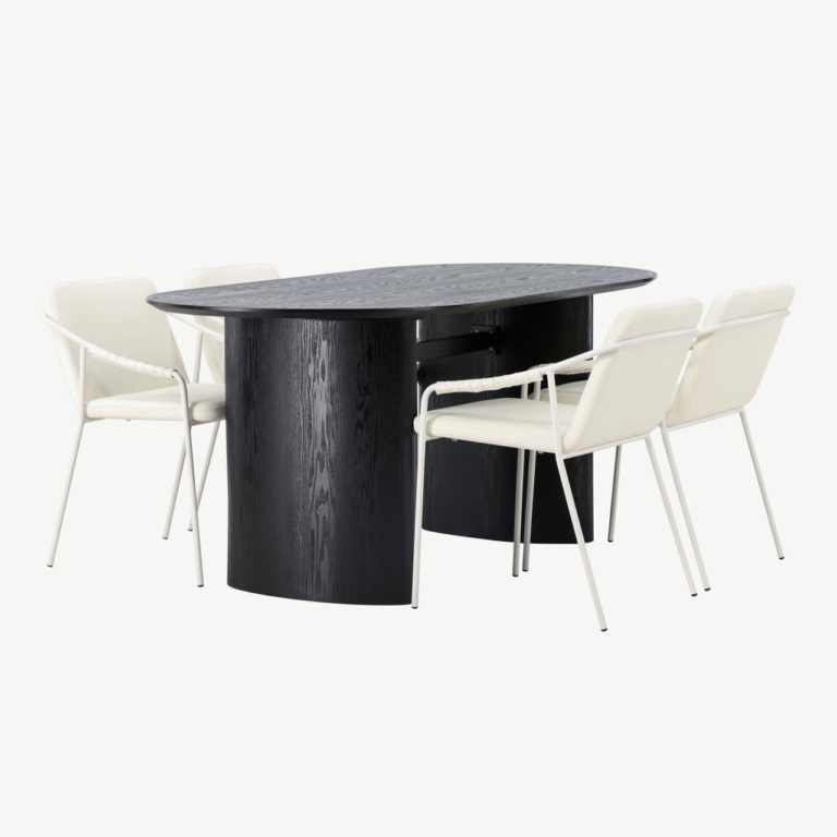 Ovaalne söögilaud Isolde (must MDF, 180x90 cm) ja beežid polsterdatud söögitoolid Tvist - GR23614