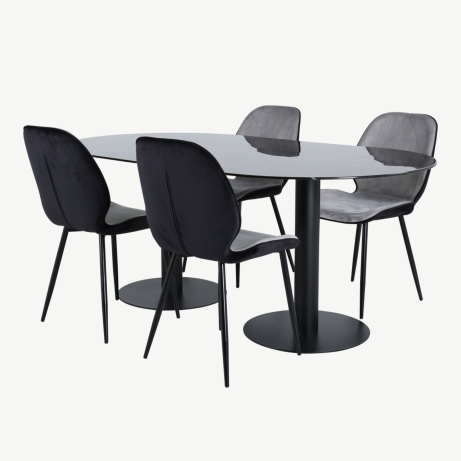 Ovaalne söögilaud Pillan musta klaaspinnaga + Emma velvetkattega tool (must/hall), GR22368 – 2