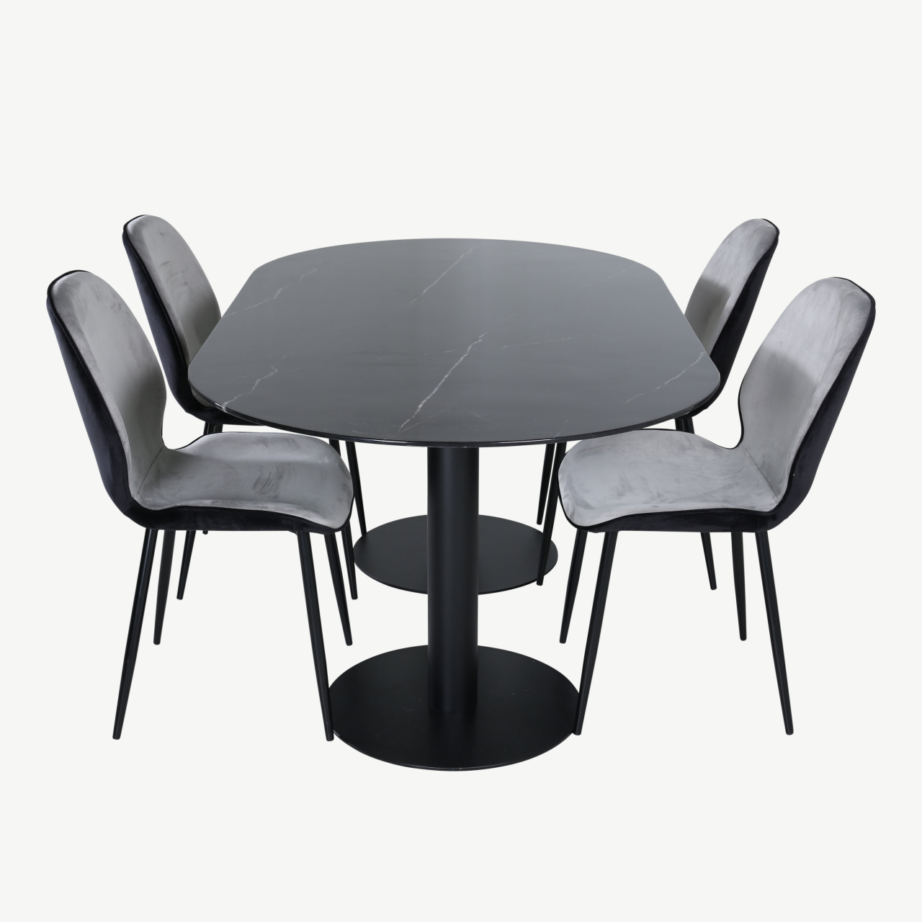 Ovaalne söögilaud Pillan musta klaaspinnaga + Emma velvetkattega tool (must/hall), GR22368 – 3