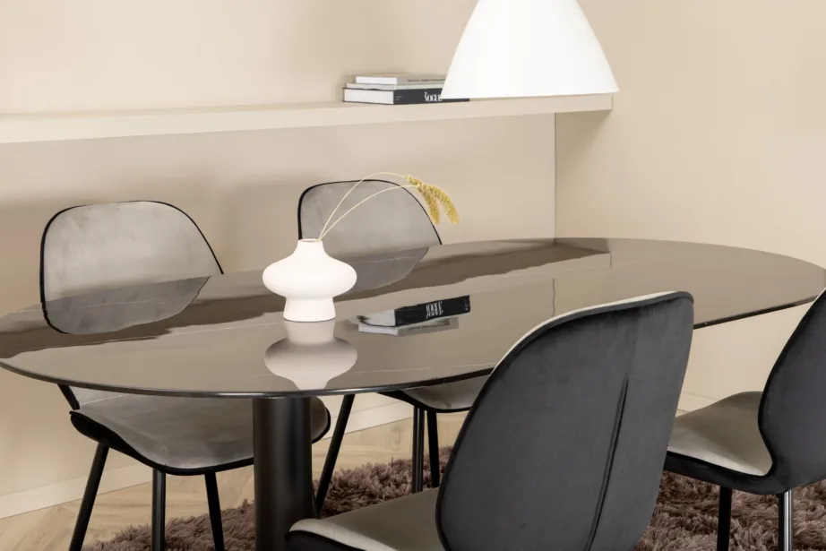 Ovaalne söögilaud Pillan musta klaaspinnaga + Emma velvetkattega tool (must/hall), GR22368 – 10