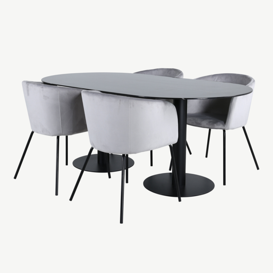 Ovaalne söögilaud Pillan musta klaasplaadiga ja sametkattega toolid Berit (helehall, 180×100 cm), GR22366 – 2