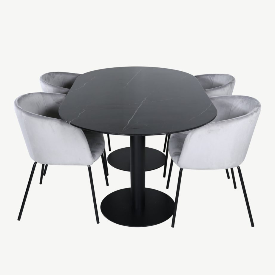 Ovaalne söögilaud Pillan musta klaasplaadiga ja sametkattega toolid Berit (helehall, 180×100 cm), GR22366 – 3