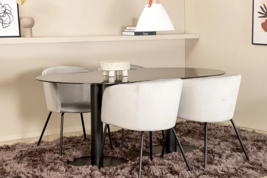 Ovaalne söögilaud Pillan musta klaasplaadiga ja sametkattega toolid Berit (helehall, 180×100 cm), GR22366 – 6