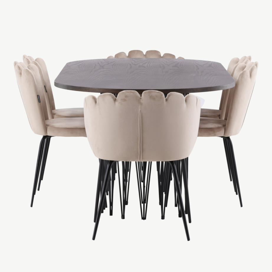 Ovaalne söögilaud Stone ja velvetkattega Limhamn toolid (mokkavineer, must metall, beež samet), GR22956 – 2