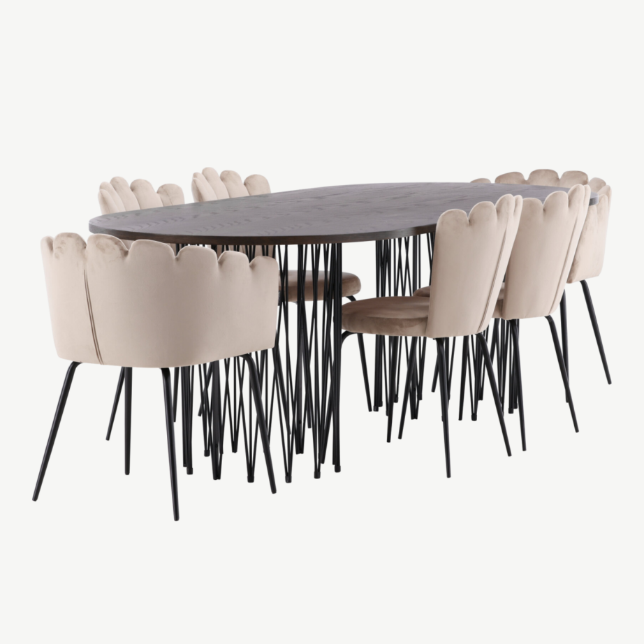 Ovaalne söögilaud Stone ja velvetkattega Limhamn toolid (mokkavineer, must metall, beež samet), GR22956 – 3