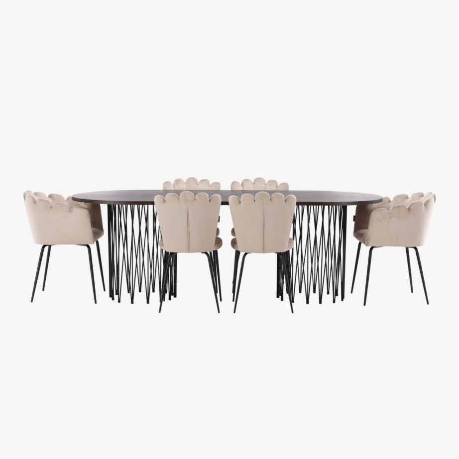 Ovaalne söögilaud Stone ja velvetkattega Limhamn toolid (mokkavineer, must metall, beež samet), GR22956 – 5